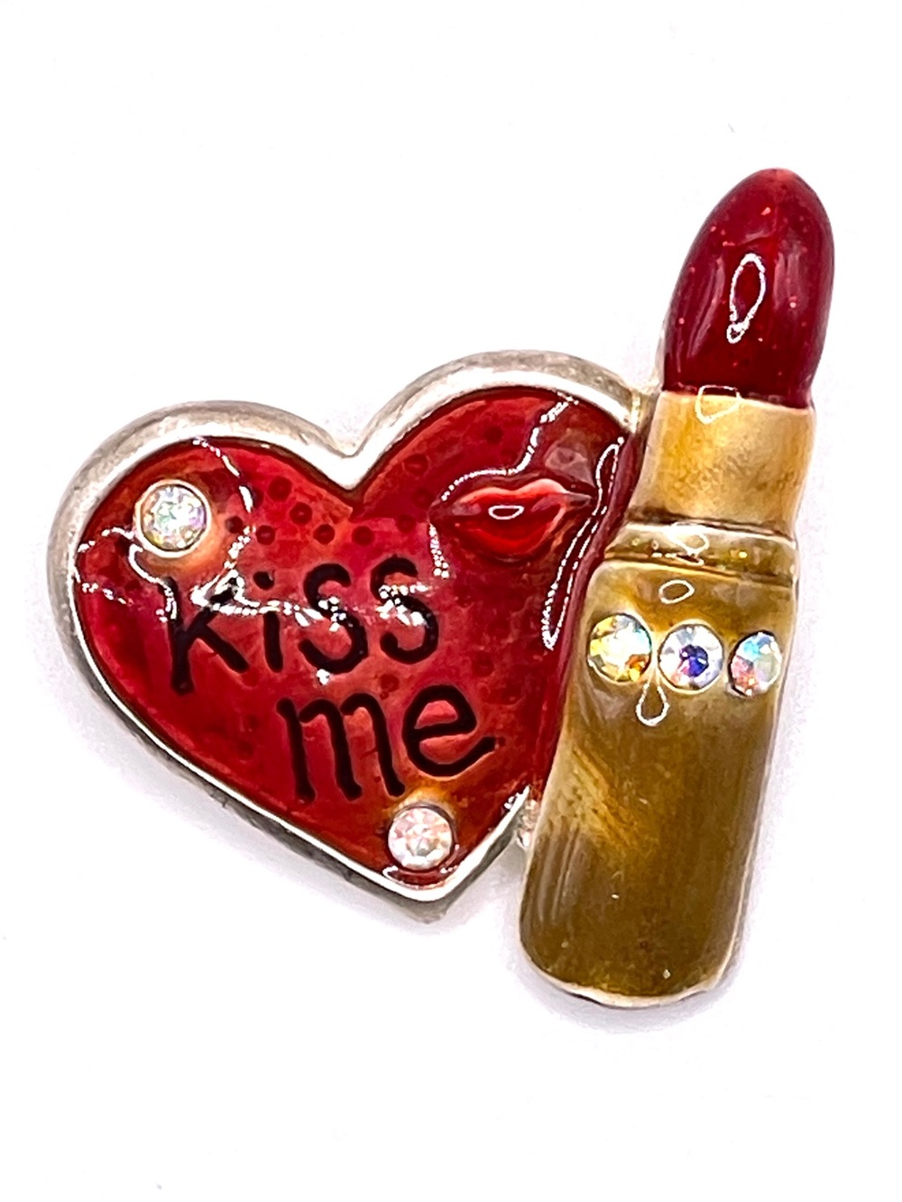 Vintage AJMC Kiss Me Enamel Heart Lipstick Pin Brooch